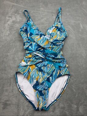 Caribbean Sand Blue & Yellow Print One-Piece Swimsuit size 8